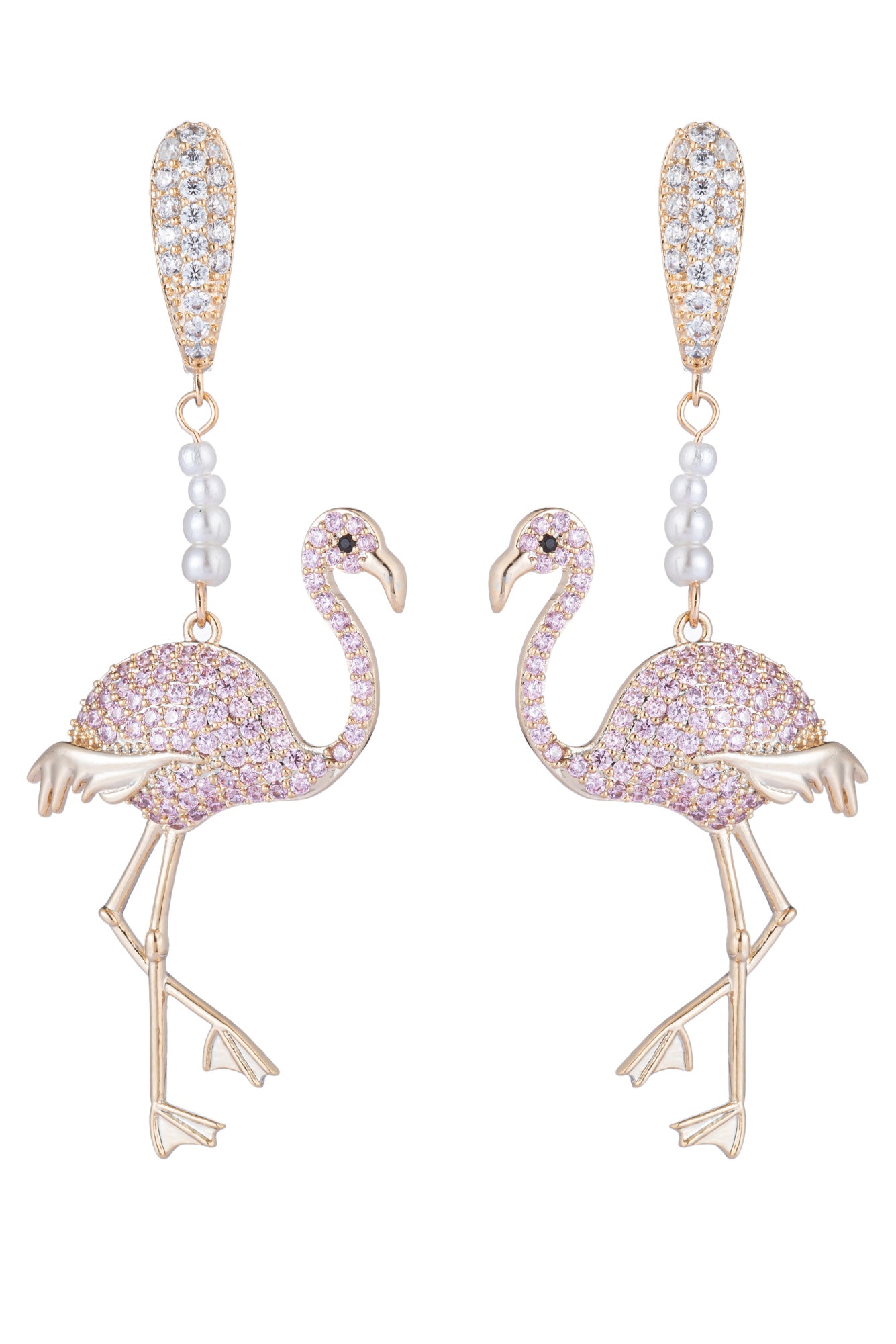 Pink flamingo bird earrings with CZ glass pearls.