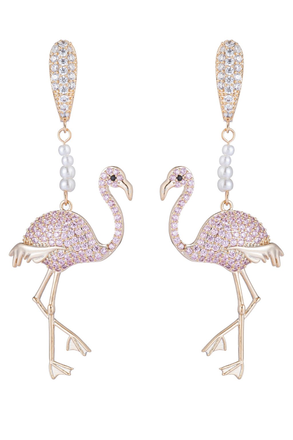 Pink flamingo bird earrings with CZ glass pearls.