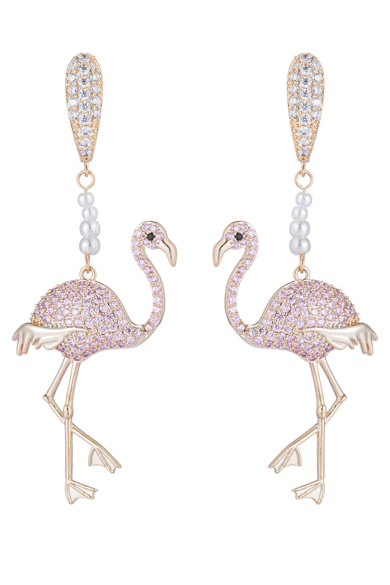 Pink flamingo bird earrings with CZ glass pearls.