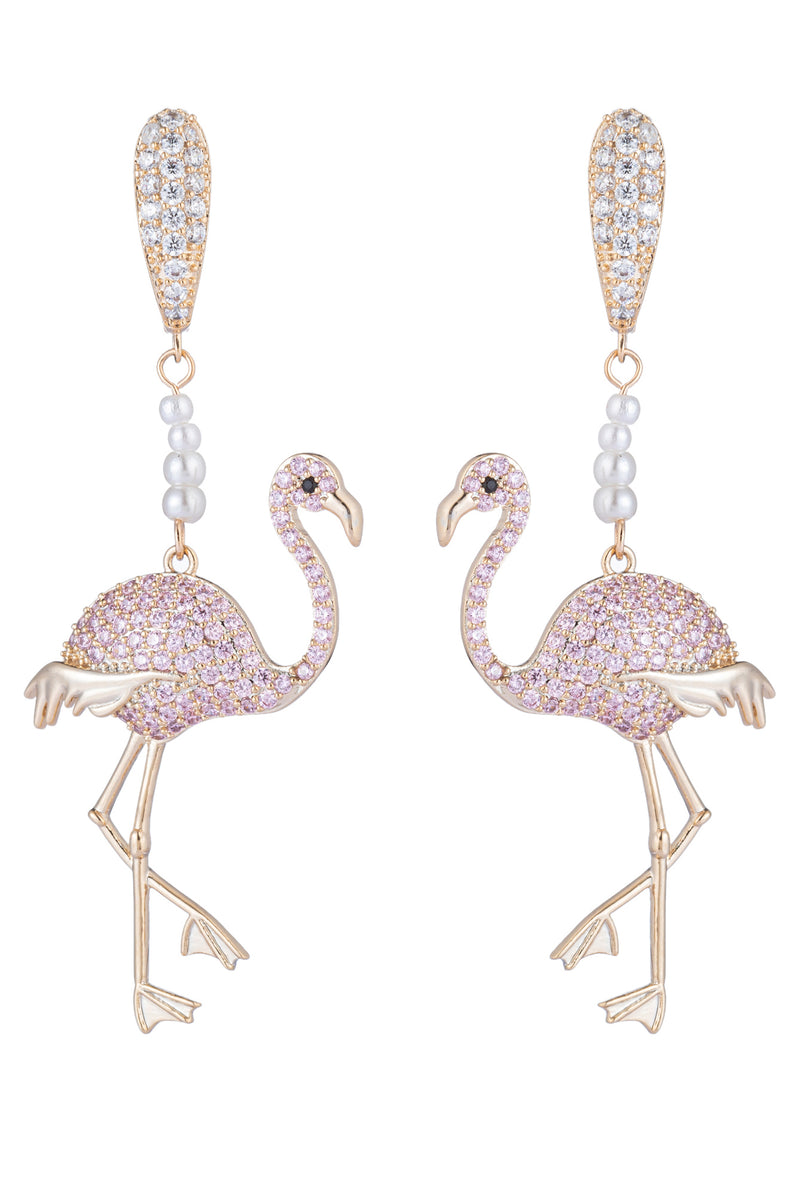 Pink flamingo bird earrings with CZ glass pearls.