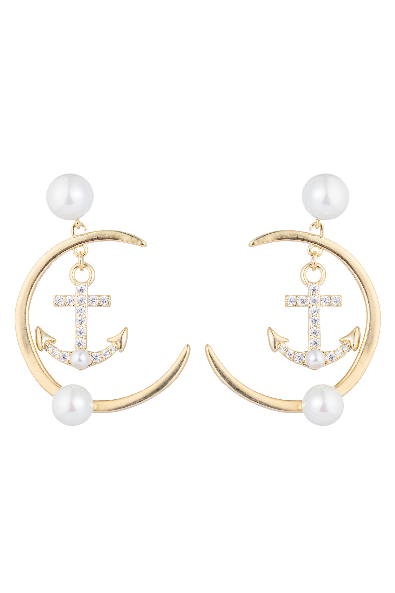 Anchor loop earrings studded with CZ crystals.