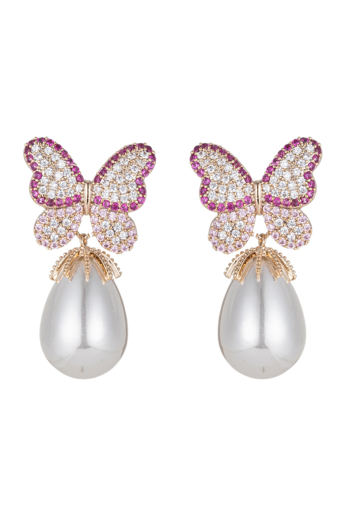 Pink butterfly wing glass pearl earrings with CZ crystals.