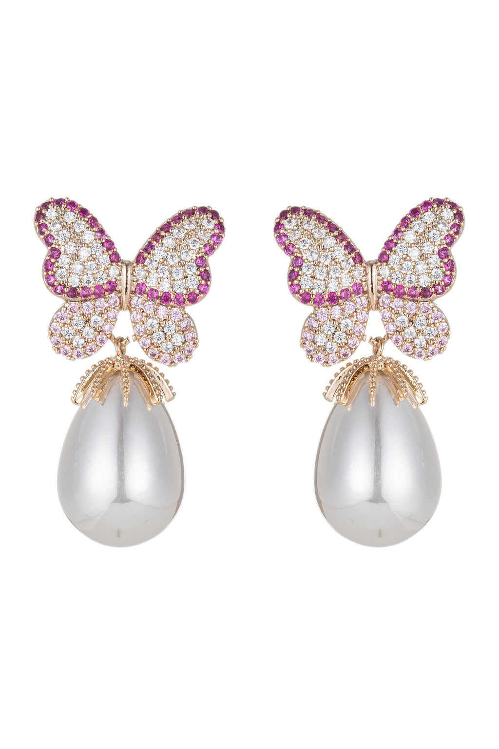 Pink butterfly wing glass pearl earrings with CZ crystals.