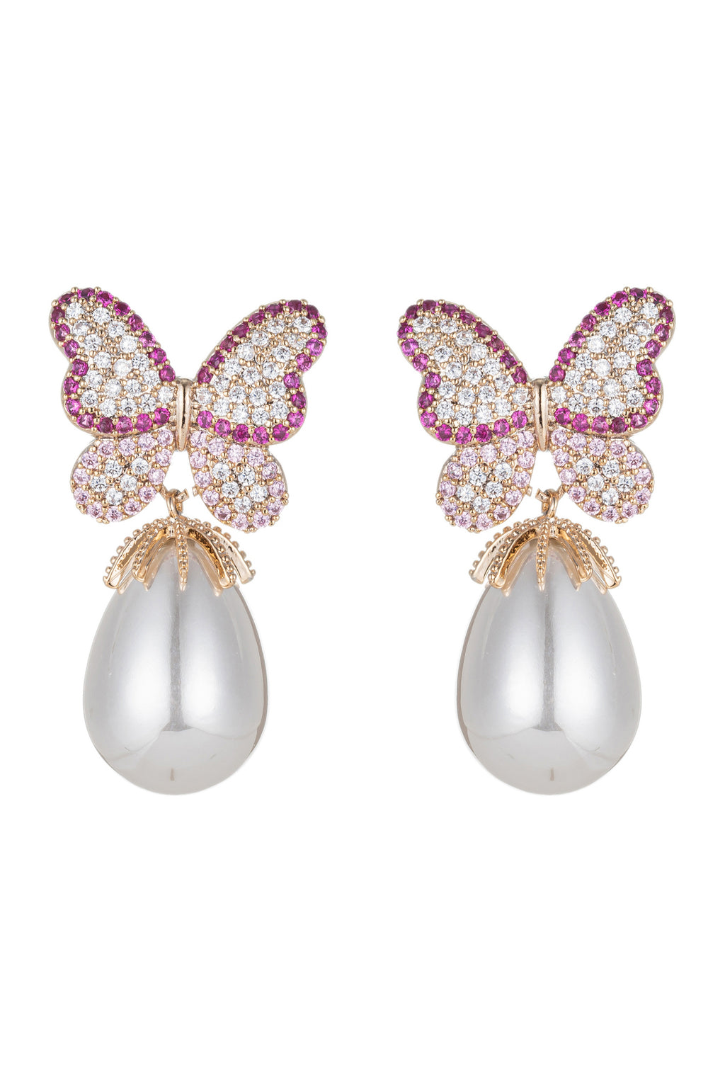 Pink butterfly wing glass pearl earrings with CZ crystals.