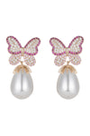 Pink butterfly wing glass pearl earrings with CZ crystals.