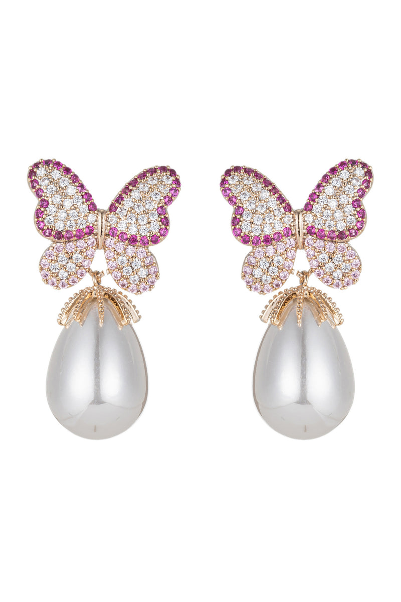 Pink butterfly wing glass pearl earrings with CZ crystals.