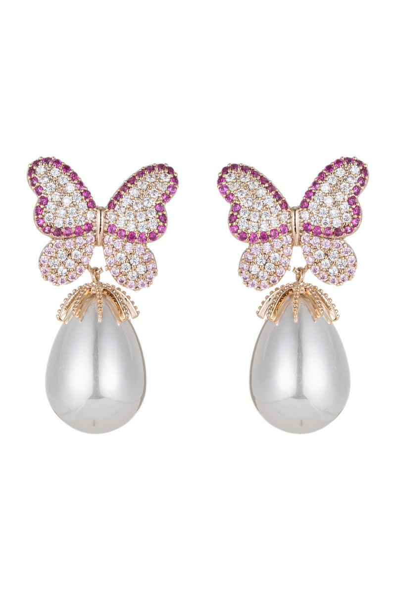 Pink butterfly wing glass pearl earrings with CZ crystals.