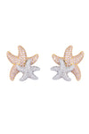 Pink and silver starfish duo earrings studded with CZ crystals.