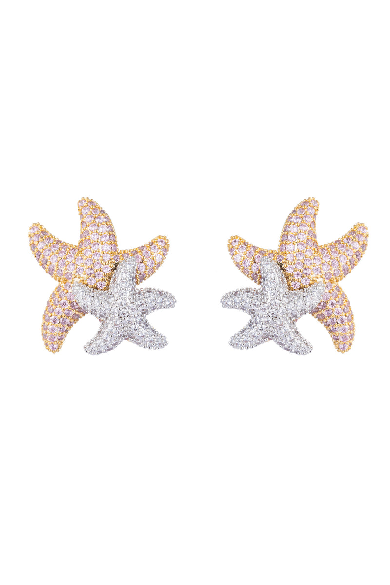 Pink and silver starfish duo earrings studded with CZ crystals.