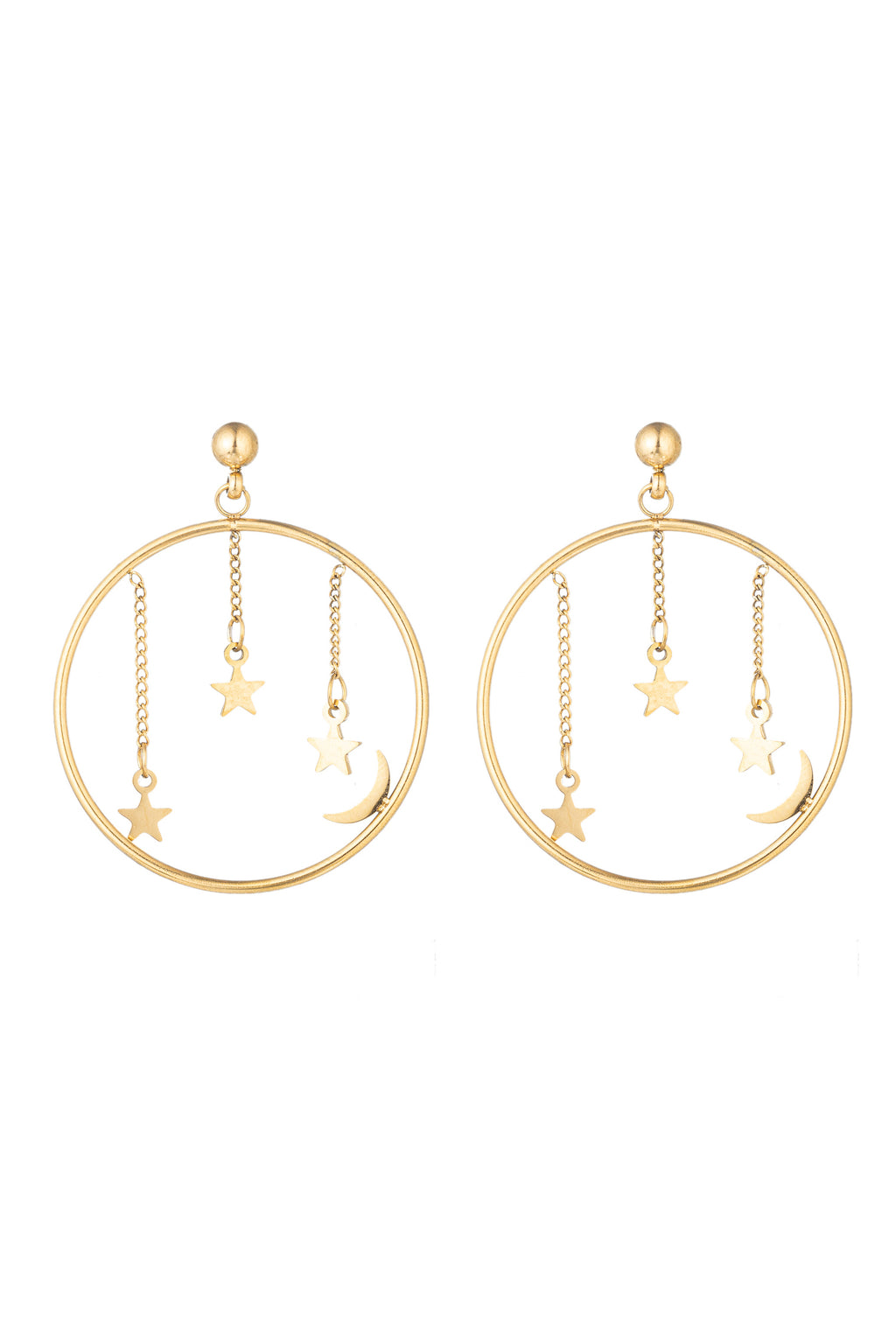 Gold tone brass moon & star pendant hoop earrings studded with CZ crystals.