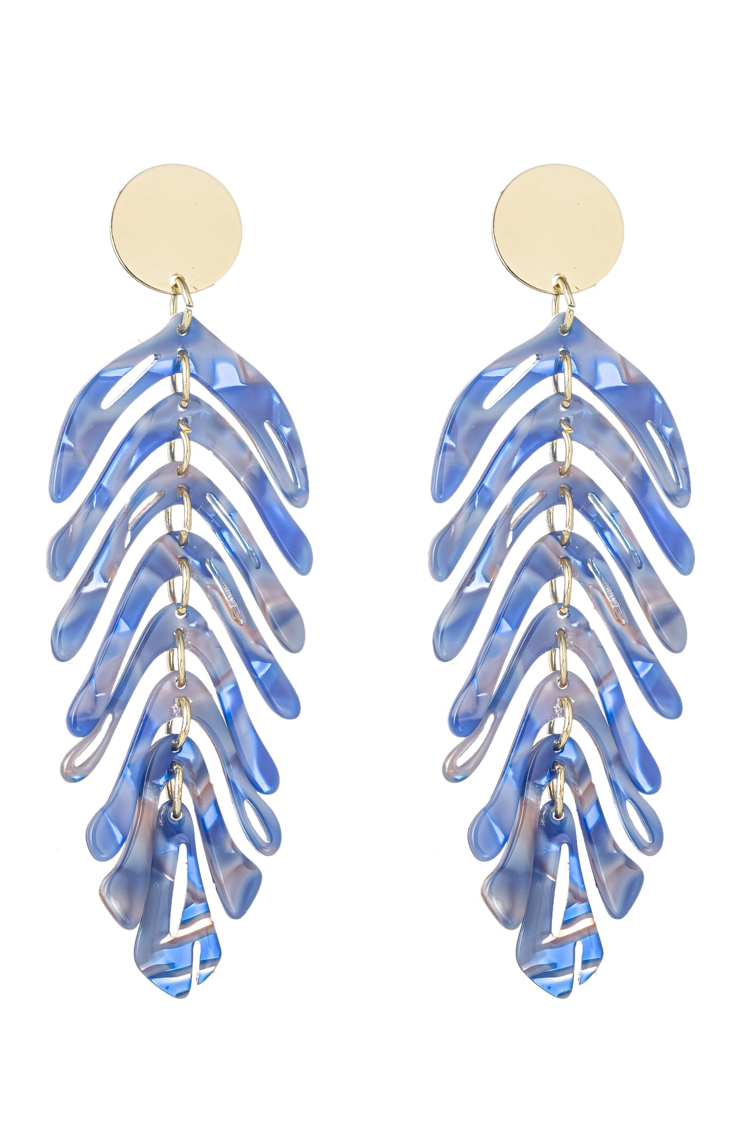 Gold alloy blue acrylic leaf pendant earrings.