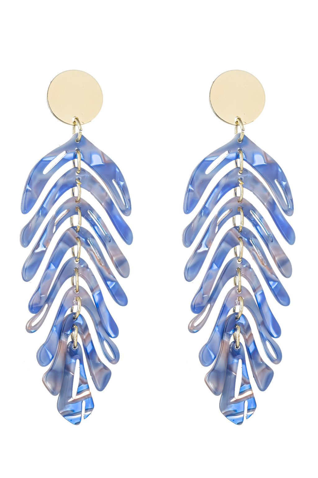 Gold alloy blue acrylic leaf pendant earrings.