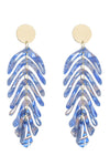Gold alloy blue acrylic leaf pendant earrings.