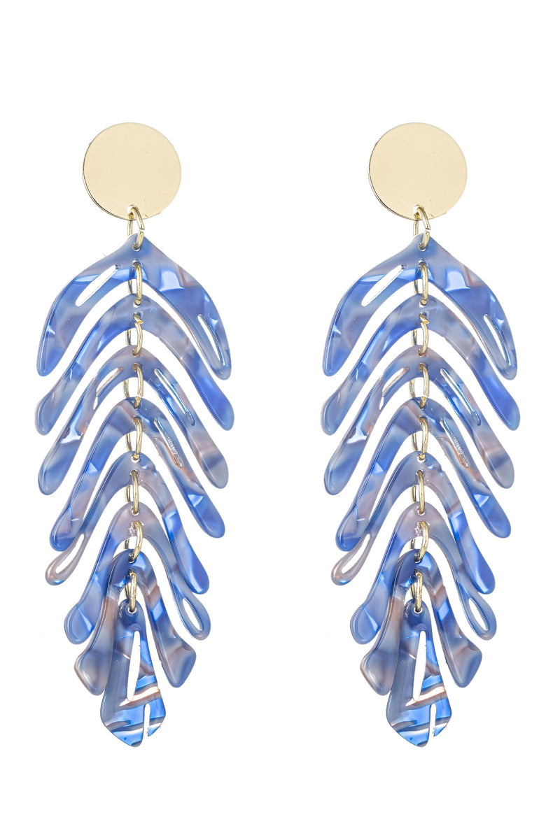Gold alloy blue acrylic leaf pendant earrings.