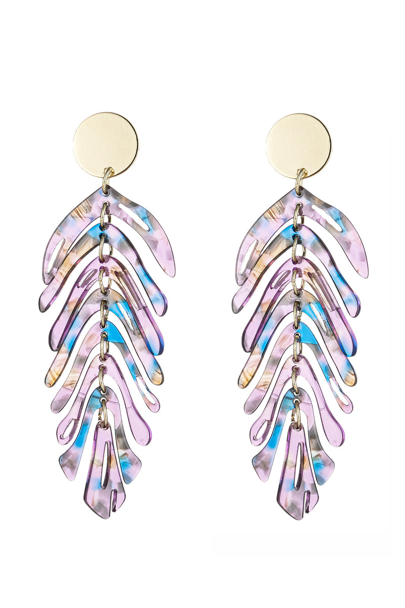 Gold alloy acrylic leaf pendant earrings.