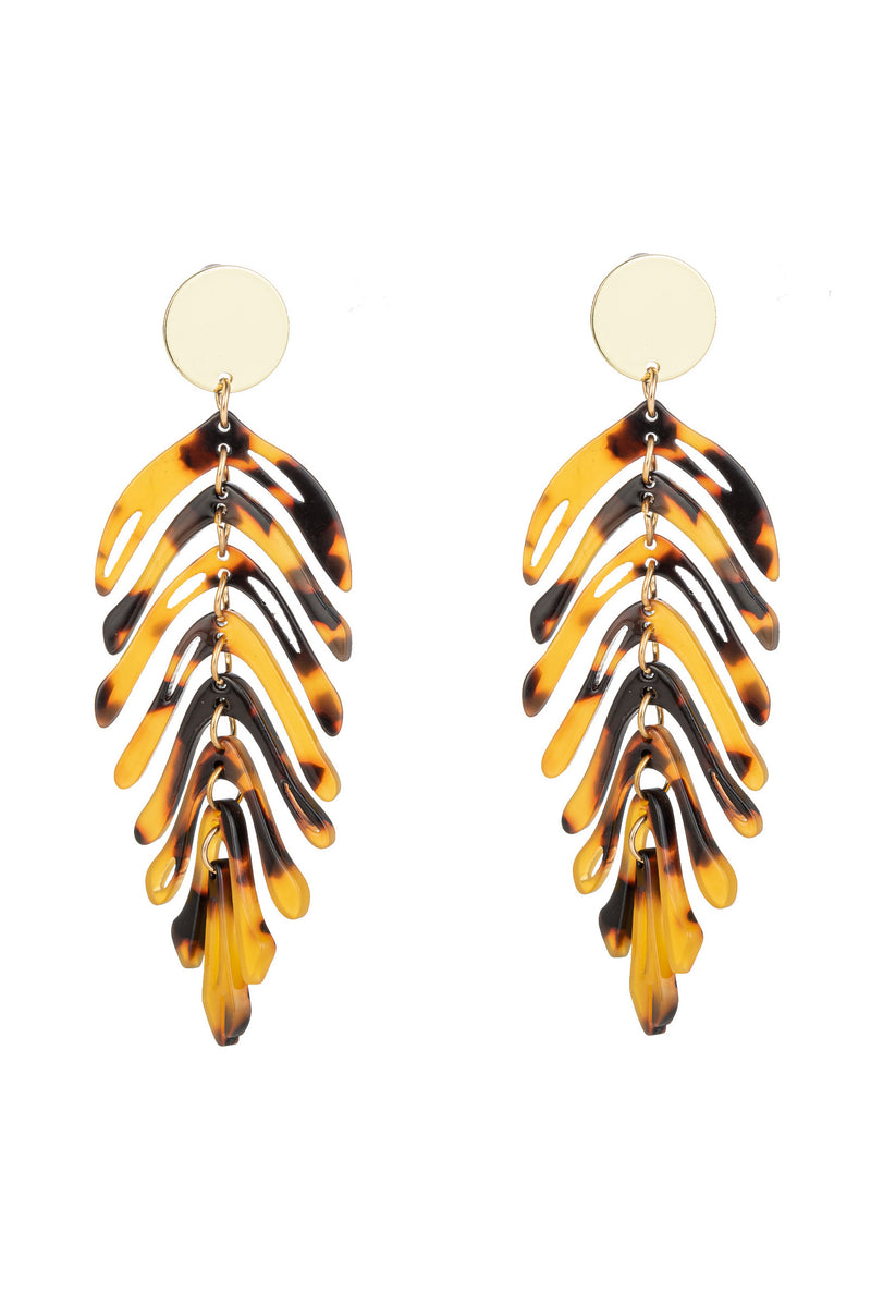 Gold alloy acrylic leaf pendant earrings.