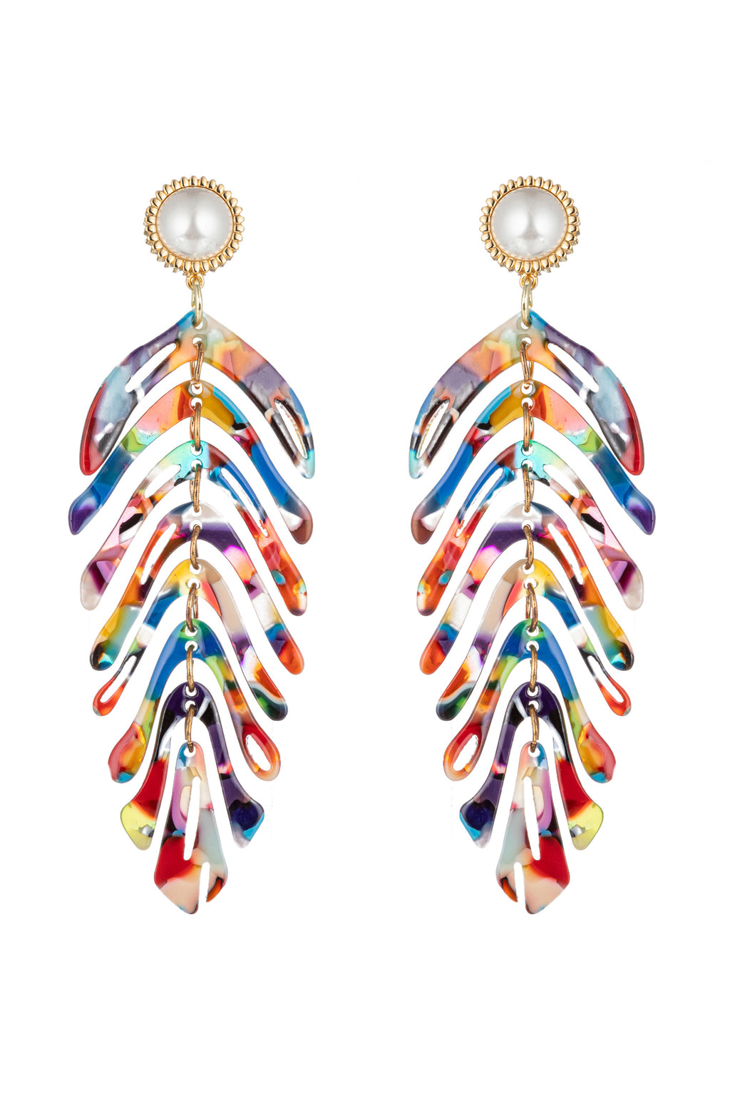 Gold alloy rainbow acrylic leaf pendant earrings.