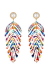 Gold alloy rainbow acrylic leaf pendant earrings.