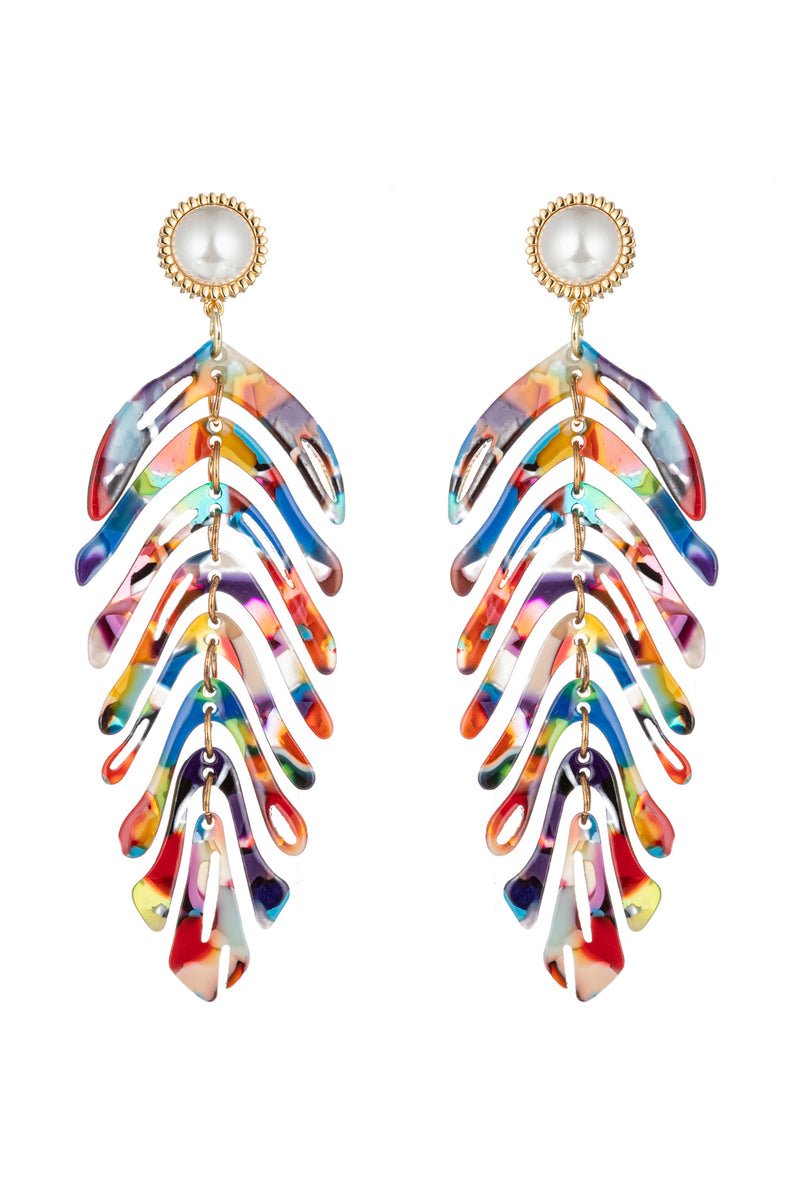 Gold alloy rainbow acrylic leaf pendant earrings.