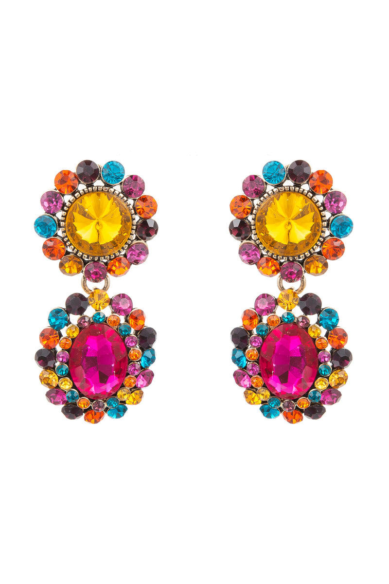 Yellow alloy cascading mini drop earrings studded with glass crystals.
