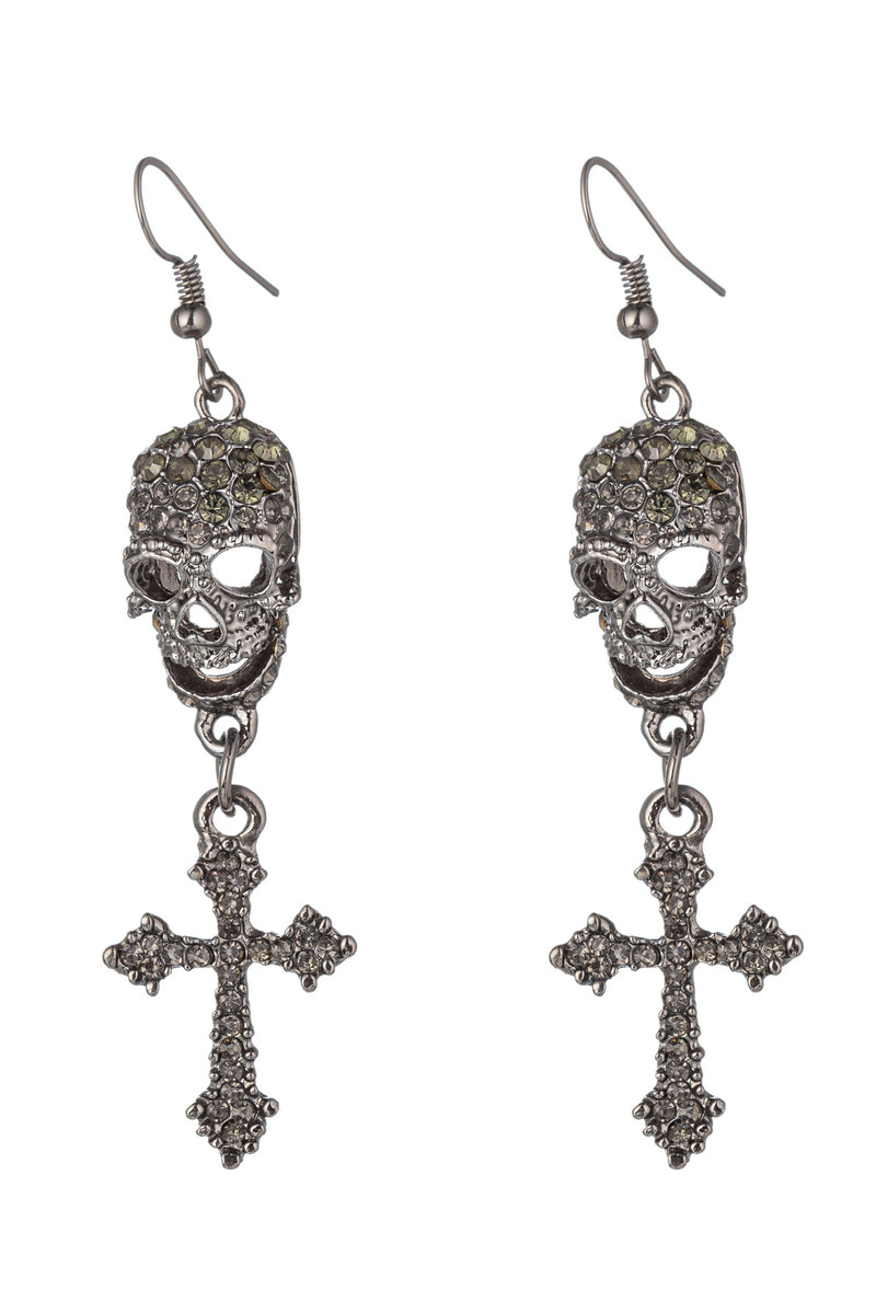 Double skull and cross pendant earrings studded with glass crystals.