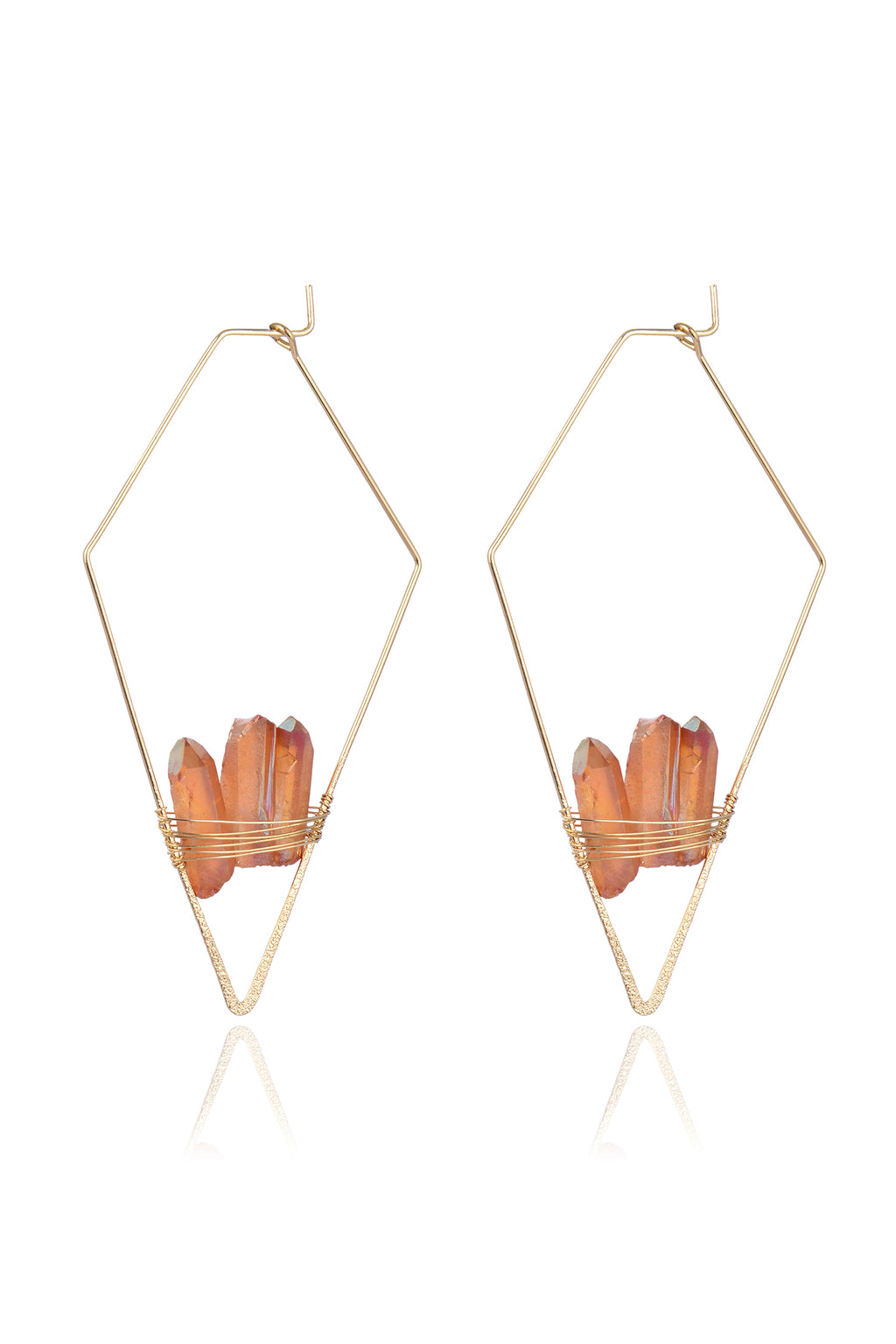 Gold tone brass kite earrings with blush colored quartz stones.