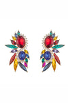 Gold tone alloy statement earrings with multicolored glass crystals.