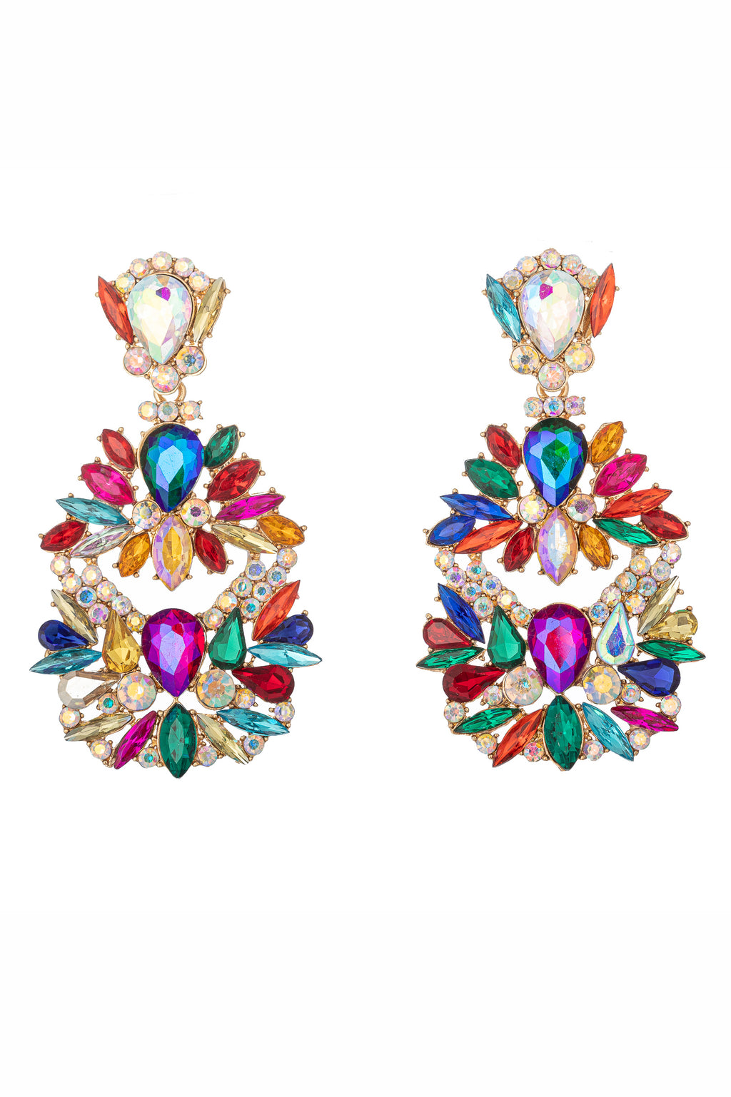 Gold tone alloy dangle statement earrings with rainbow colored glass crystals.
