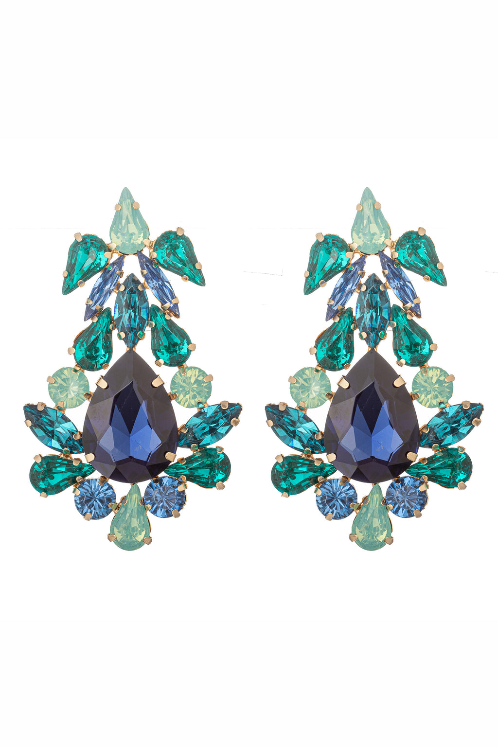 Gold tone alloy statement earrings with blue and green glass crystals.