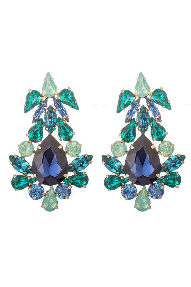 Gold tone alloy statement earrings with blue and green glass crystals.