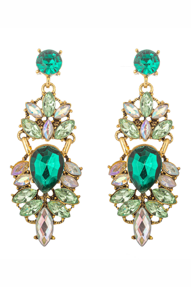 Gold tone alloy statement earrings with green glass crystals.