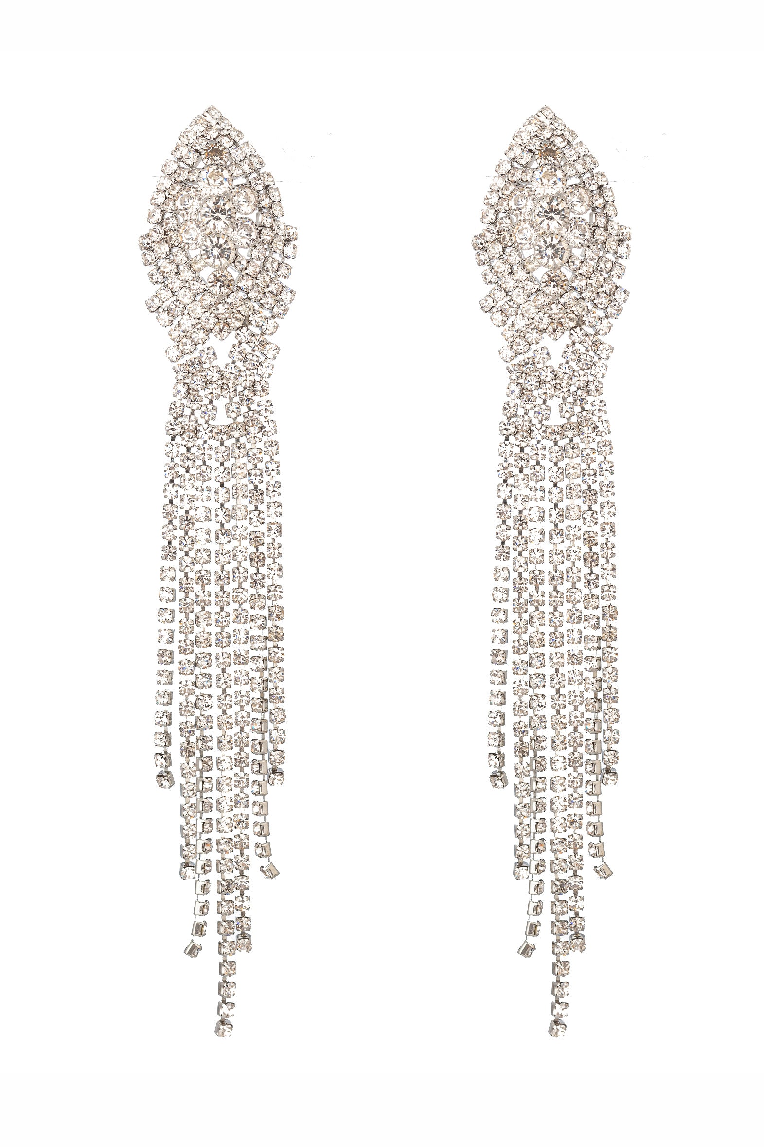 Gold tone alloy stranded statement earrings with glass crystals.