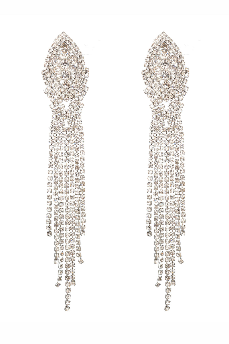 Gold tone alloy stranded statement earrings with glass crystals.