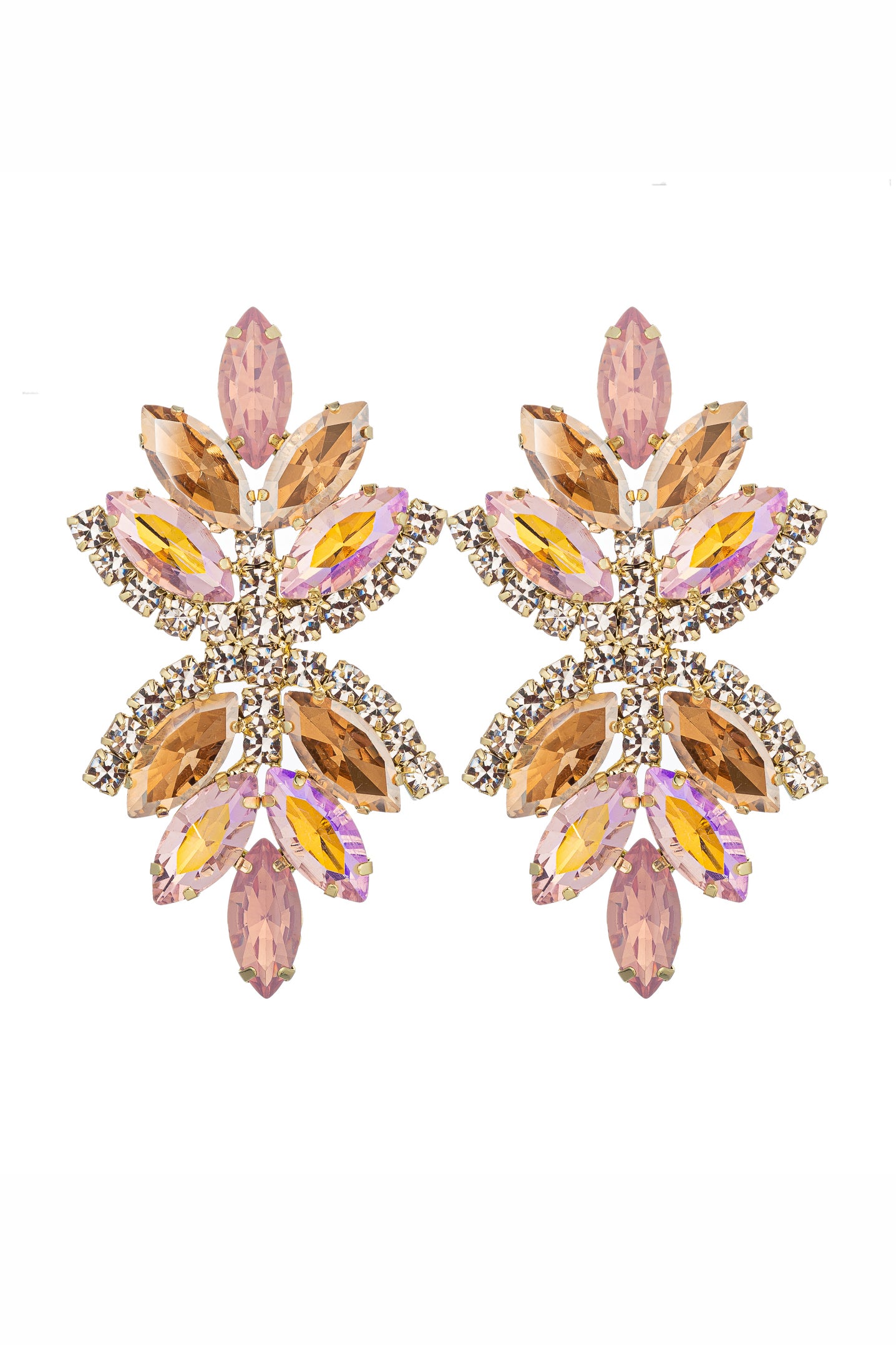 Gold tone alloy statement earrings with colored glass crystals.