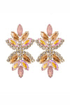 Gold tone alloy statement earrings with colored glass crystals.