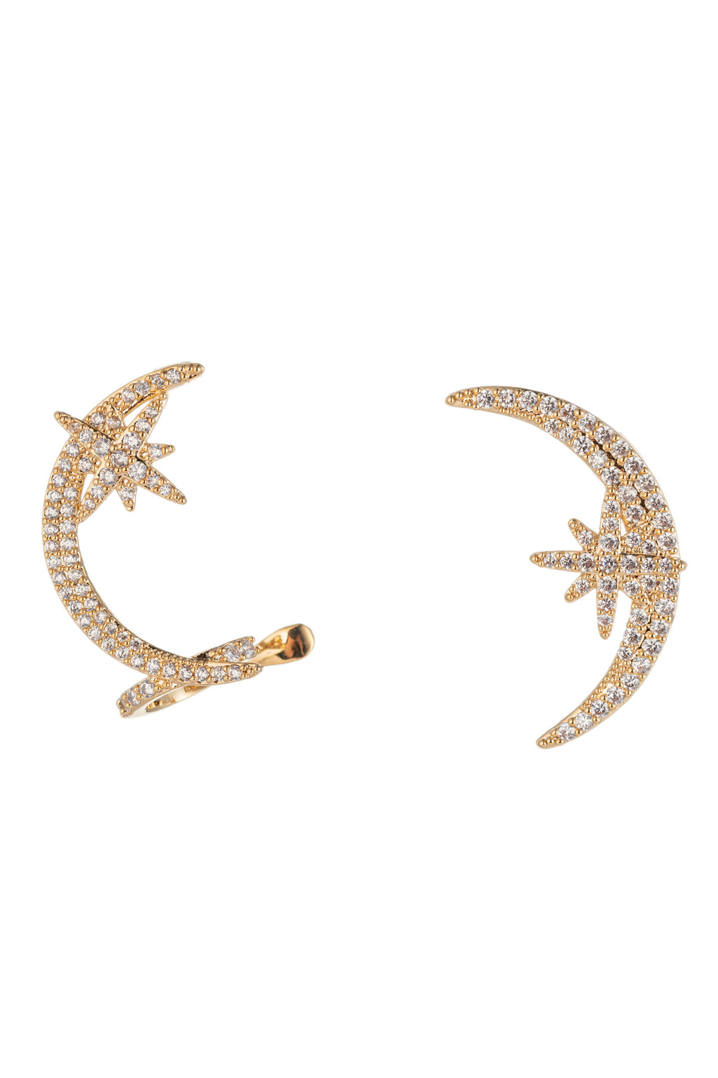 Gold tone brass moon cuff earrings studded with CZ crystals.