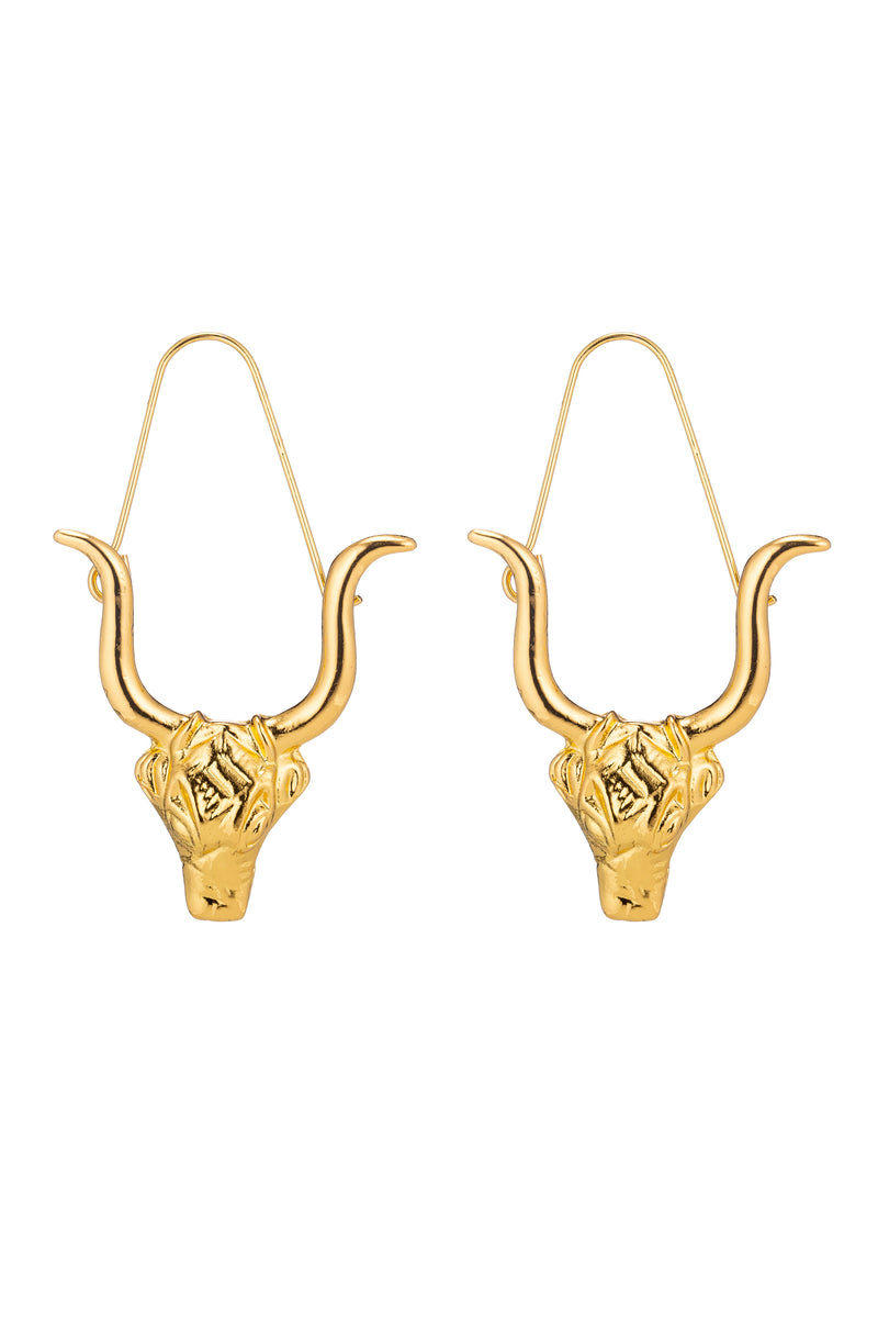 Gold tone alloy bull pendant drop earrings.