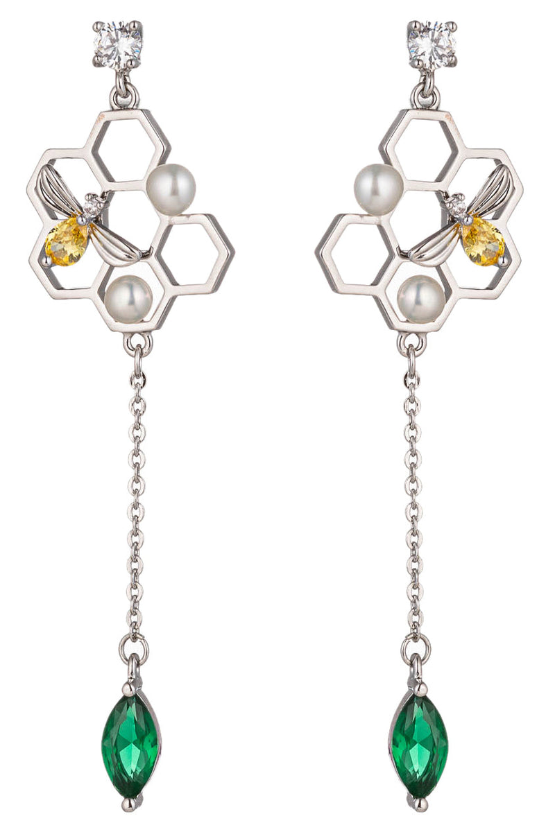 Honeycomb Bee CZ Dangle Earrings