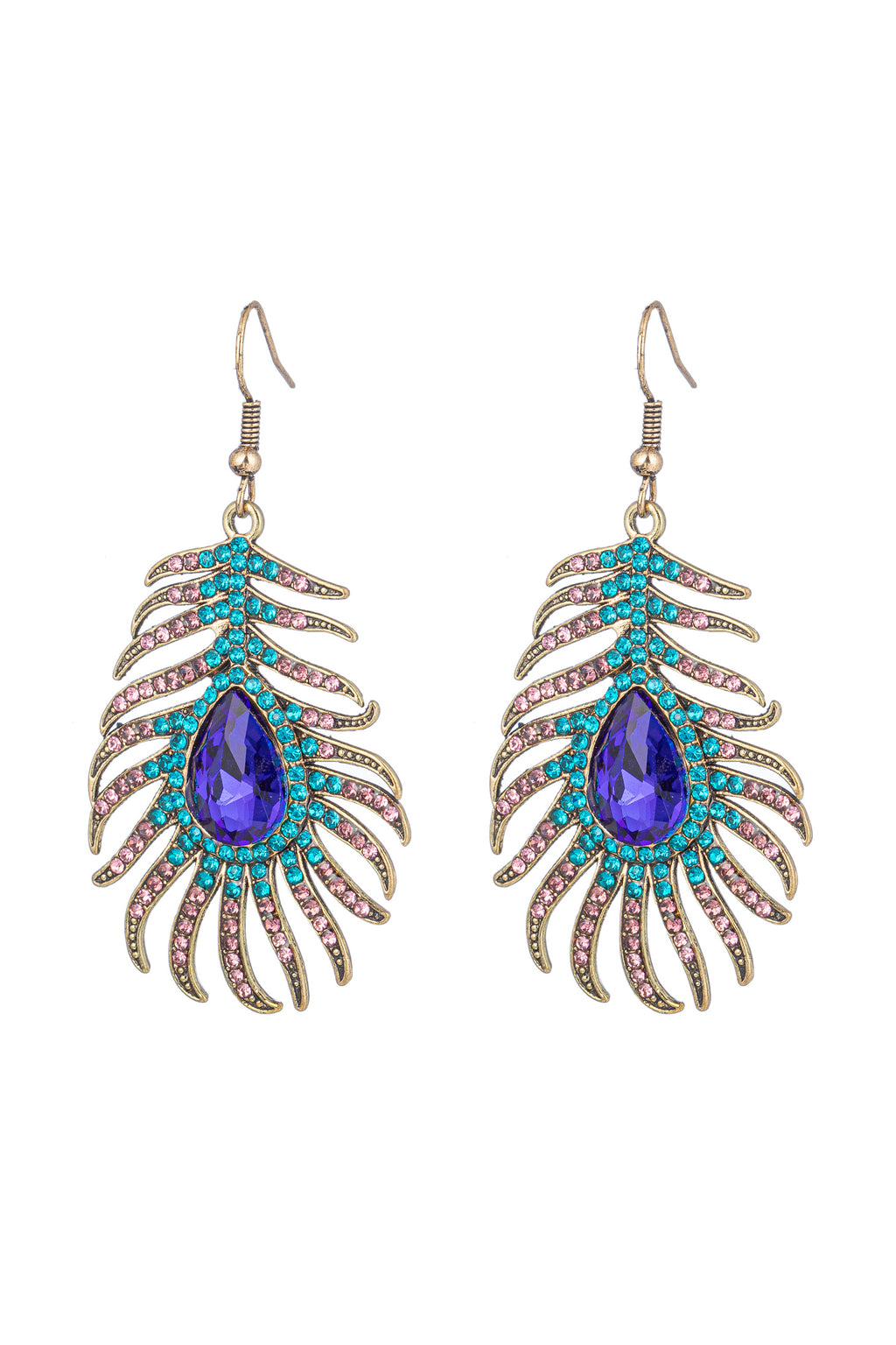 Gold tone alloy multicolored glass crystal statement earrings.