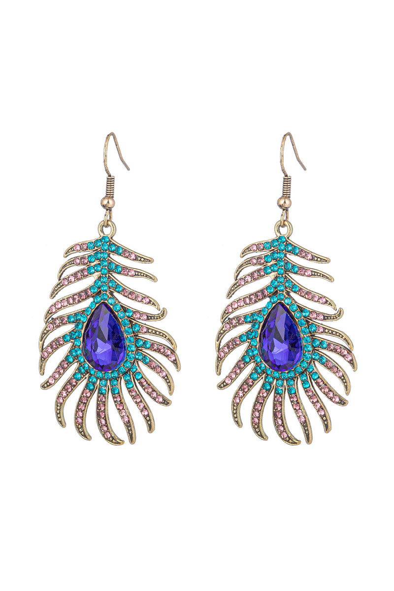 Gold tone alloy multicolored glass crystal statement earrings.