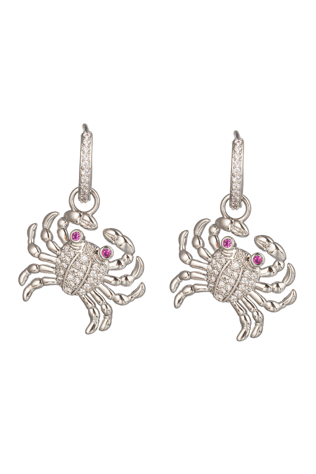 Silver tone bras crab huggie earrings studded with CZ crystals. 