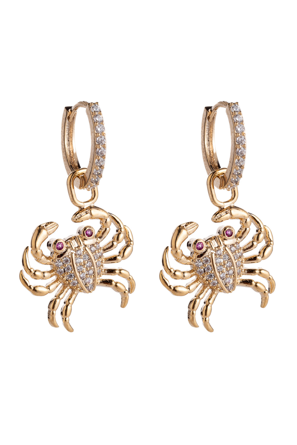 Gold tone bras crab huggie earrings studded with CZ crystals. 