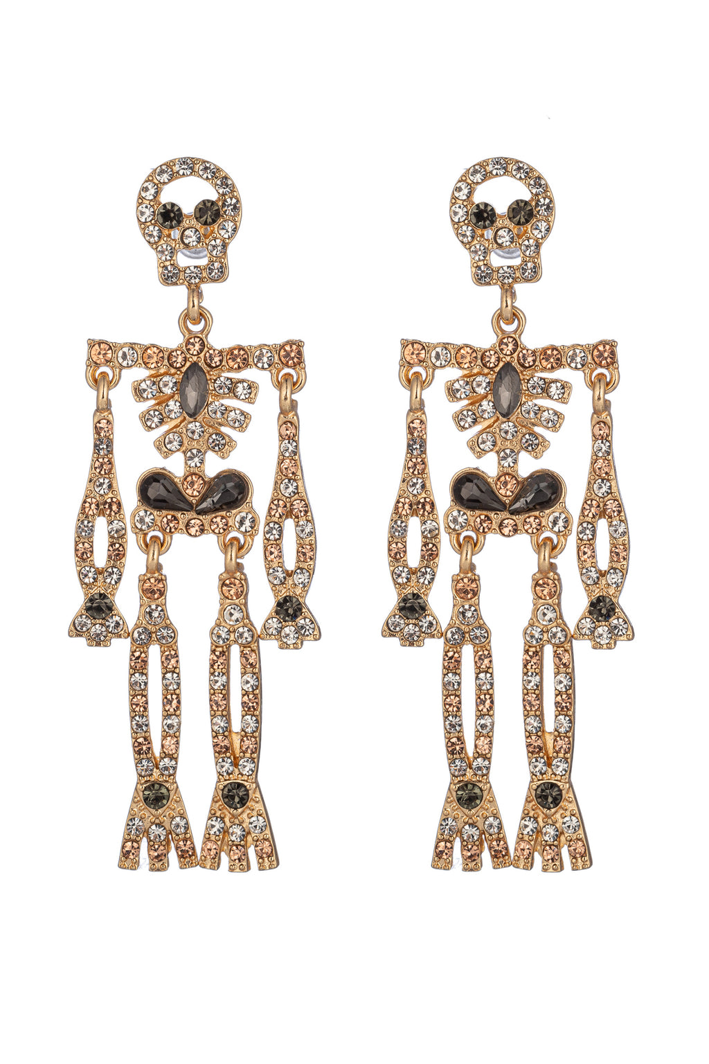 Gold alloy skeleton drop earrings studded with glass crystals.