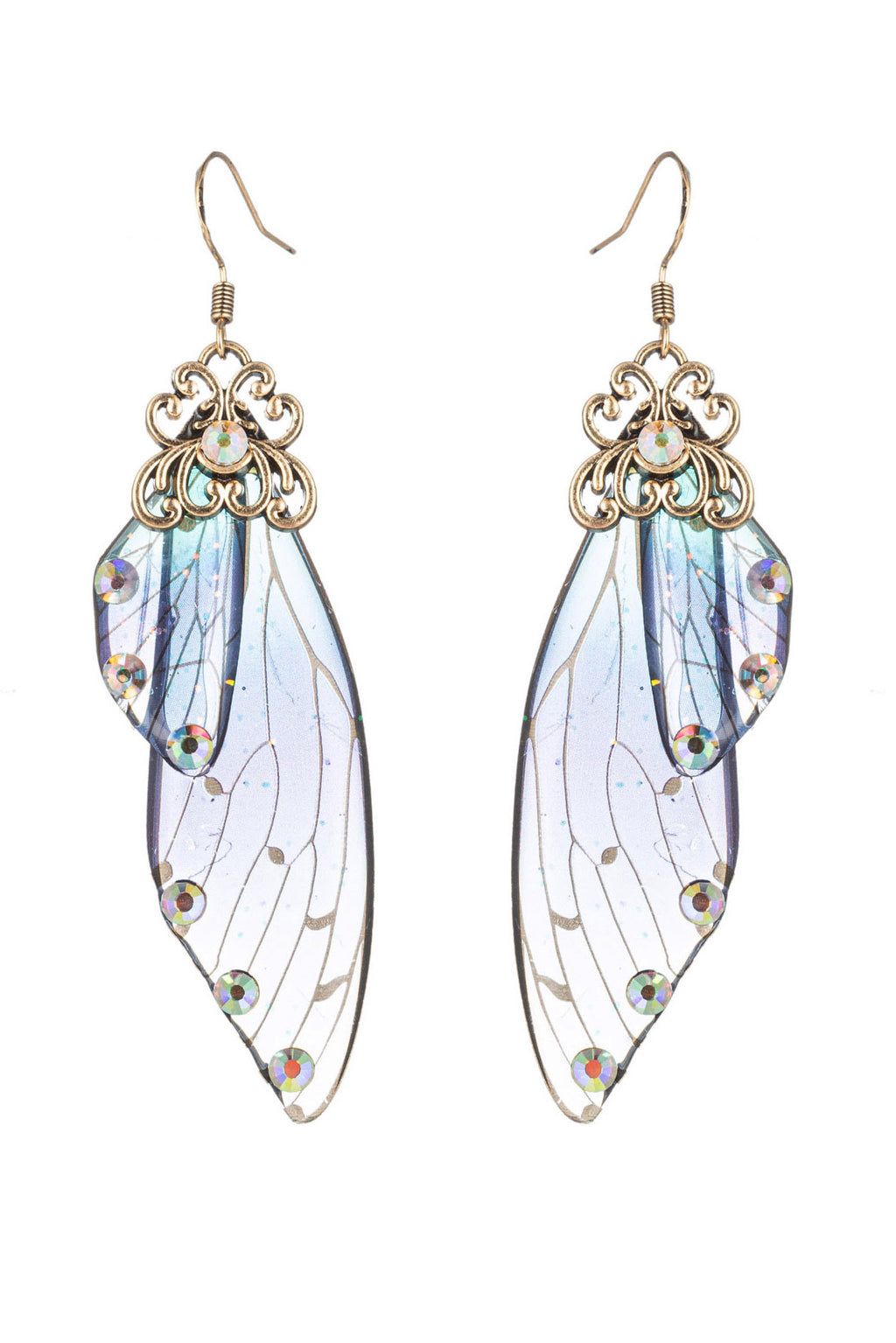 Fairy wing pendant drop earrings studded with glass crystals.