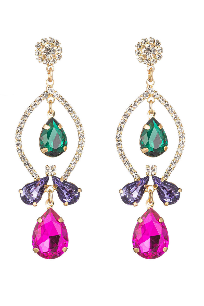 Gold alloy drop earrings studded with glass crystals.