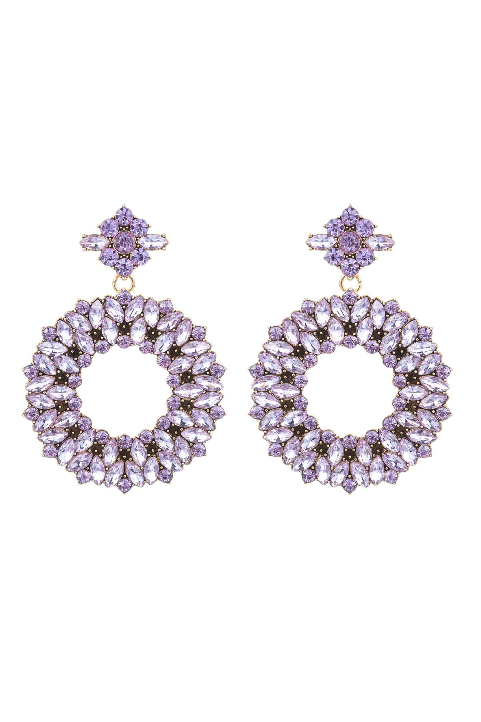 Loop alloy drop earrings studded with purple glass crystals.