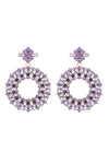 Loop alloy drop earrings studded with purple glass crystals.