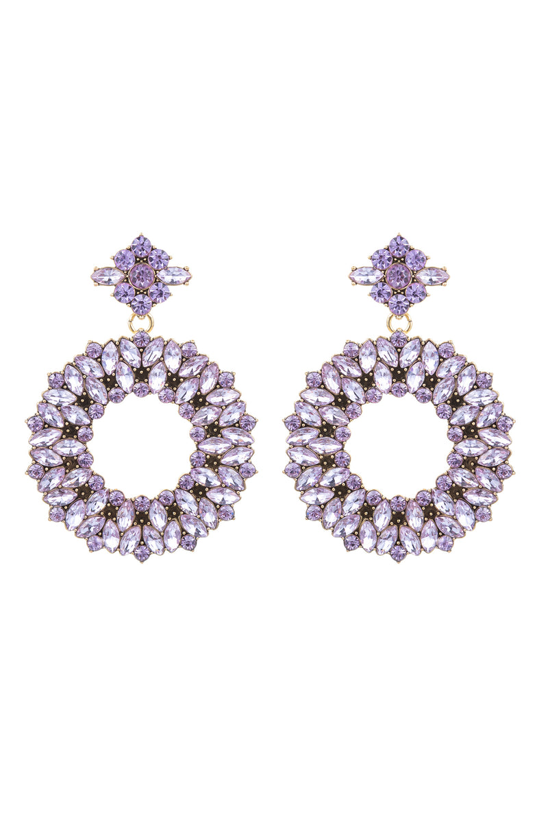 Loop alloy drop earrings studded with purple glass crystals.