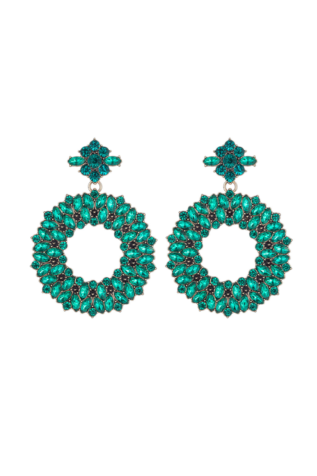 Green loop drop earrings studded with green glass crystals.
