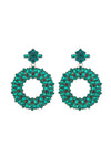 Green loop drop earrings studded with green glass crystals.